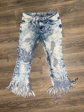 Blue Faith Women's Acid Wash Fringe Jeans Light Blue capris vacation college 11